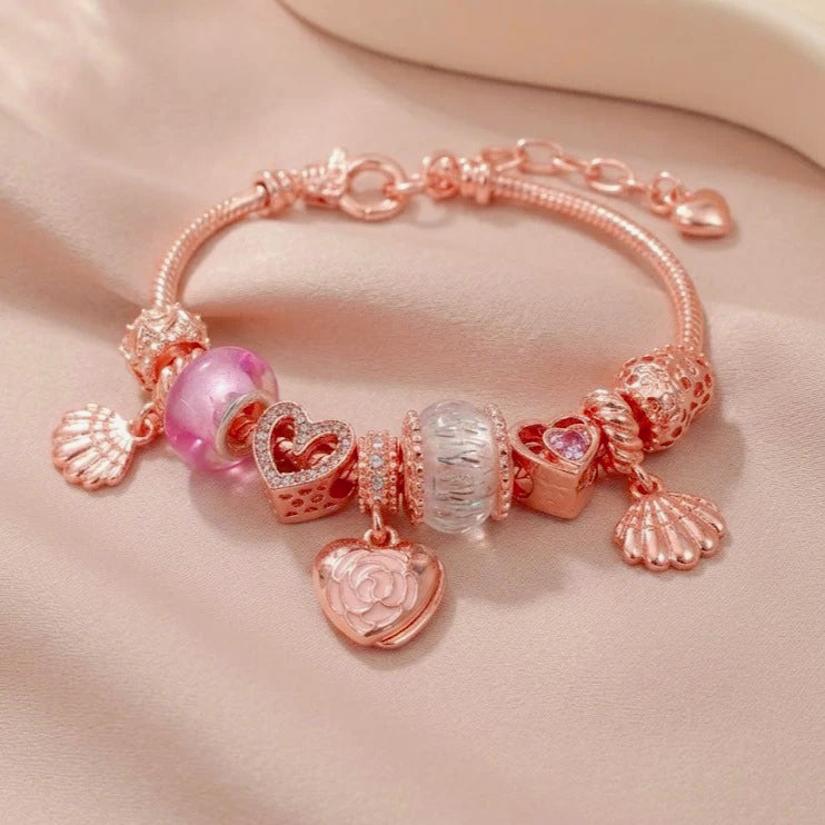 rose charm bracelet for women teen girls sweet rose flower heart pendant bangle layering beaded chain bracelet valentine's day birthday romantic jewelry gift for her