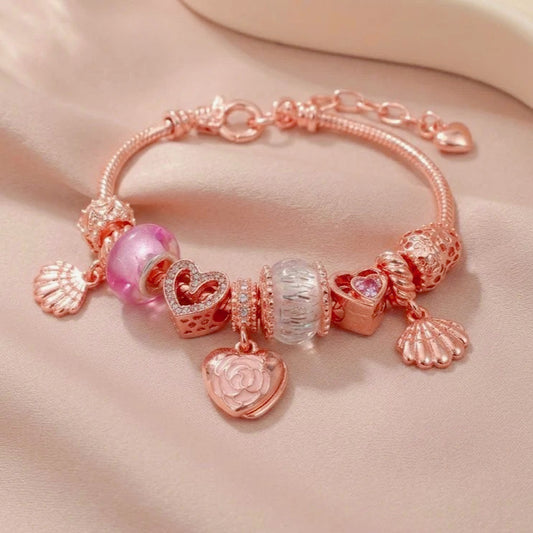 Rose Charm Bracelet for Women Teen Girls Sweet Rose Flower Heart Pendant Bangle Layering Beaded Chain Bracelet Valentine's Day Birthday Romantic Jewelry Gift for Her