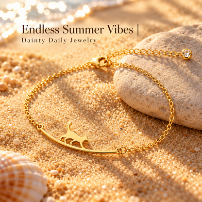 Women's Gold-Tone Brass Walking Cat Anklet with Adjustable Extender