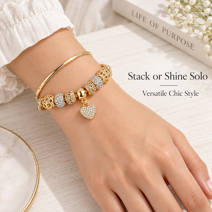 Gold-Tone Heart Charm Bracelet with Decorative Beads and Adjustable Extender