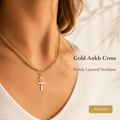 Layered Ankh Cross Necklace Set for Men Women Stainless Steel Egyptian Key of Life Pendant Twisted Rope Chain Choker Gold Plated Religious Protection Amulet Statement Sweater Chain Jewelry Gift