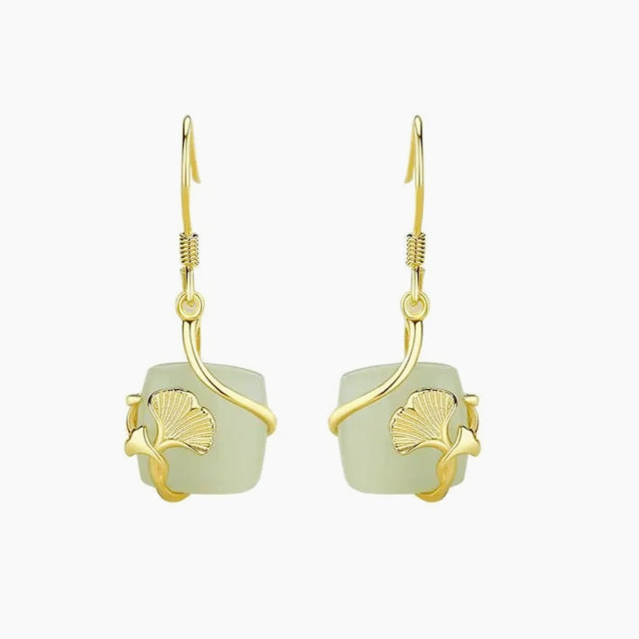 gingko leaf stud 925 silver hetian jade cube sugar earring