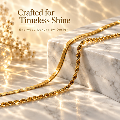 Gold-Tone Brass Snake and Rope Chain Necklace Set with Adjustable Extenders, 2 Pieces