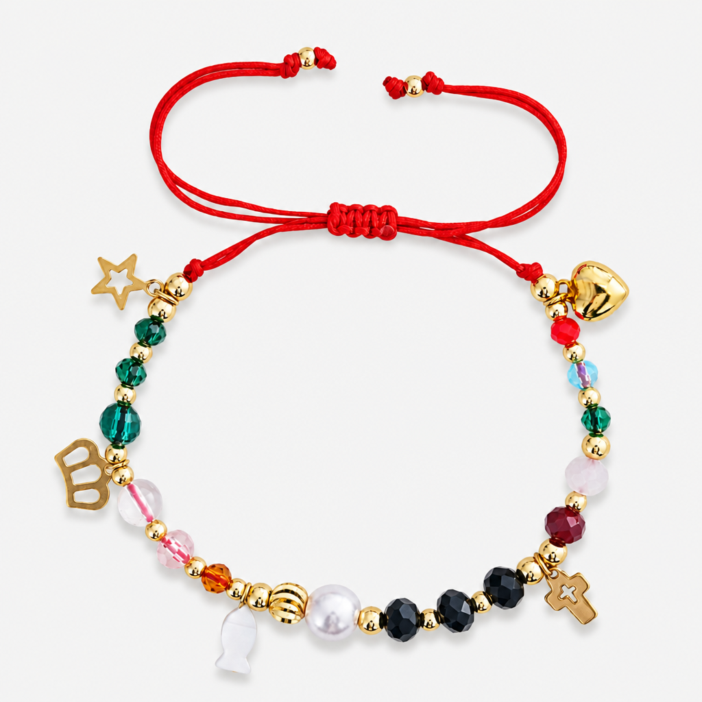 red string beaded charm bracelet, adjustable cord with multicolor beads and gold-tone heart, star and cross charms, everyday holiday jewelry