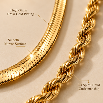 Gold-Tone Brass Snake and Rope Chain Necklace Set with Adjustable Extenders, 2 Pieces
