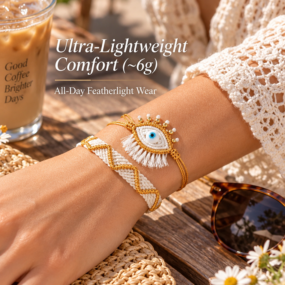 white and gold-tone evil eye bracelet set with tassel detail and adjustable sliding knots, 2 pieces