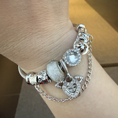 Heart Charm Bracelet for Women White Cupid Heart Charm Bangle Stainless Steel Snake Chain Bracelet with Angel Wings Crystal Resin Beads Fairycore Aesthetic Jewelry Gift for Her