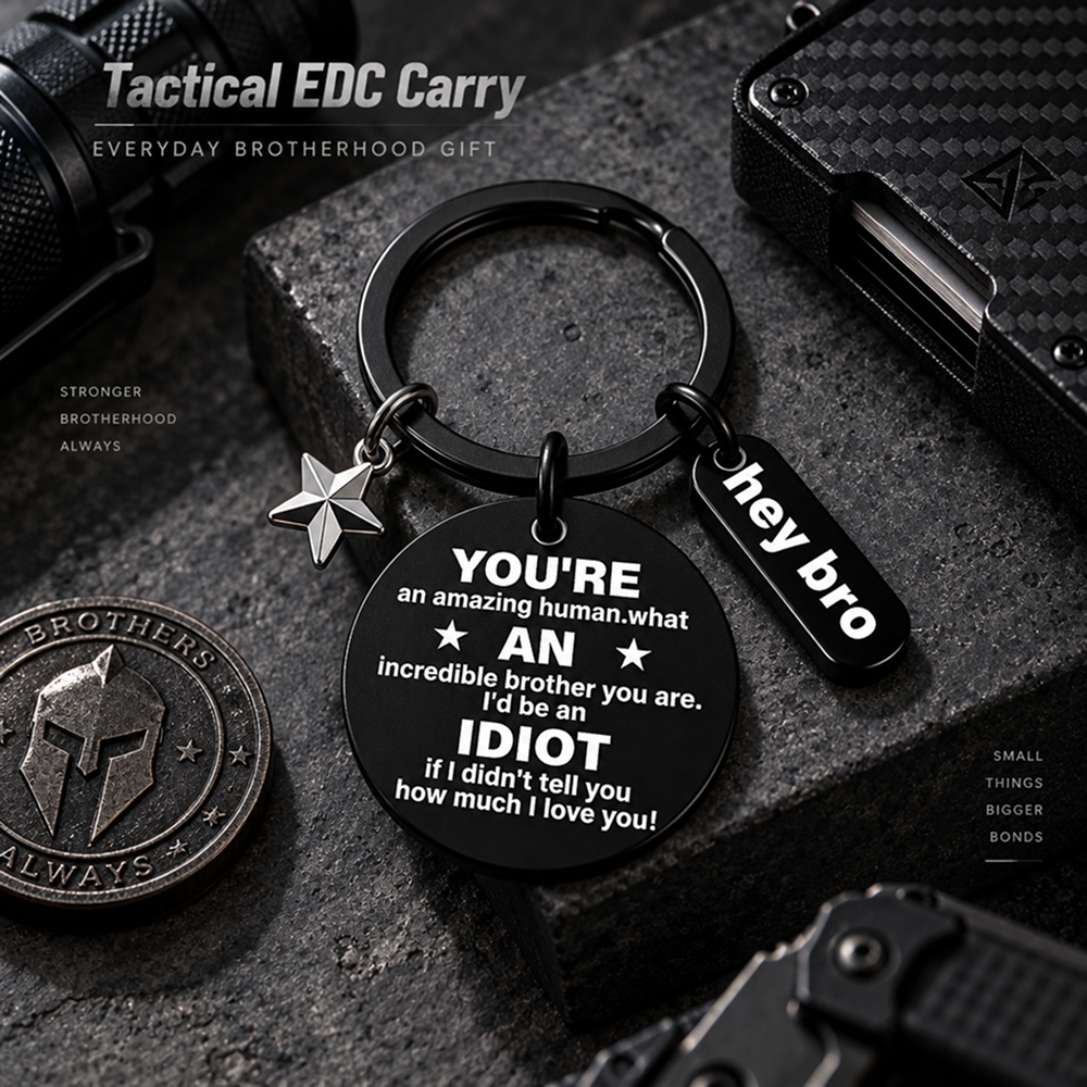 funny brother stainless steel keychain with message disc, hey bro tag and star charm