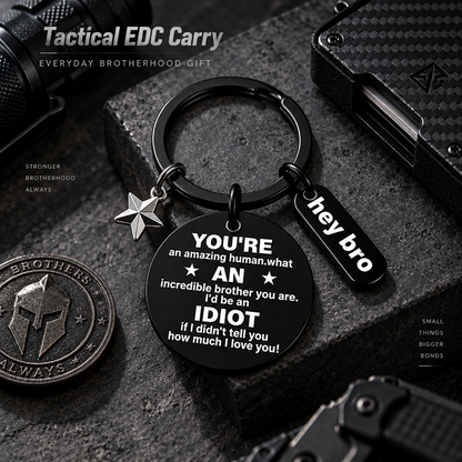 Funny Brother Stainless Steel Keychain with Message Disc, Hey Bro Tag and Star Charm