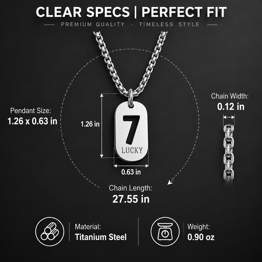 unisex titanium steel lucky number 7 pendant necklace with long chain