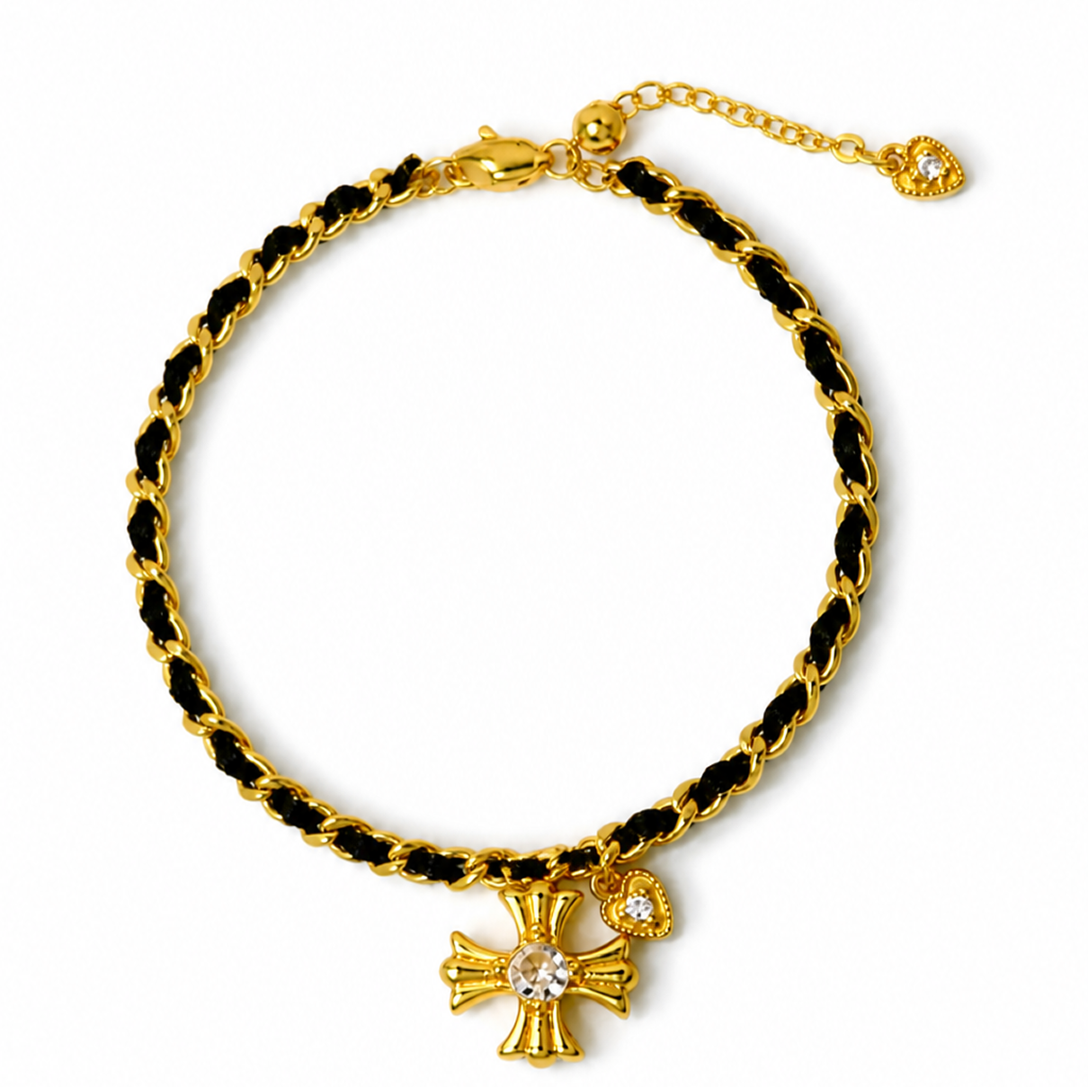 gold tone cross woven chain bracelet for women interwoven black thread braided cord gothic cross charm bracelet adjustable luxury aesthetic fashion jewelry gift