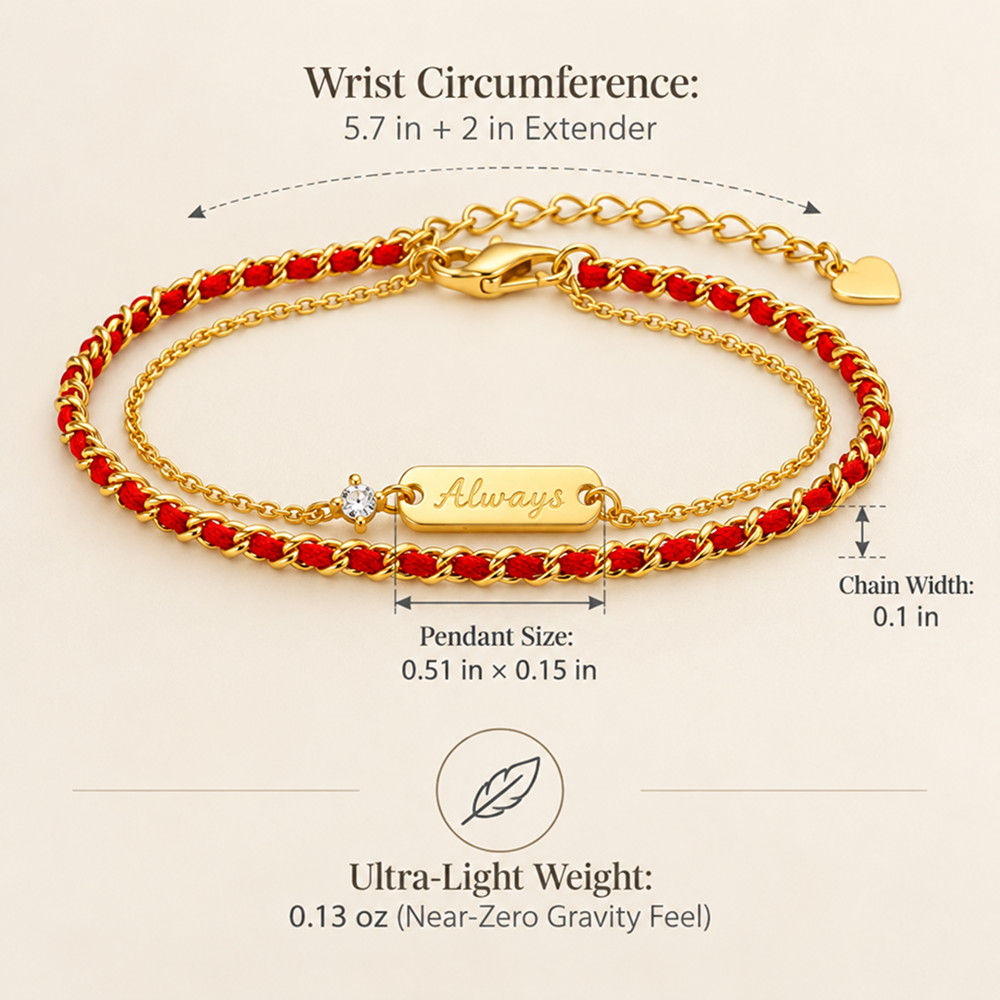 women's red cord and gold-tone double-layer bracelet with always message bar and adjustable extender