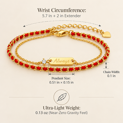 Women's Red Cord and Gold-Tone Double-Layer Bracelet with Always Message Bar and Adjustable Extender