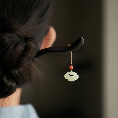 Natural Black Ebony Wood & Hetian Jade Hairpin - Hair Stick Accessory