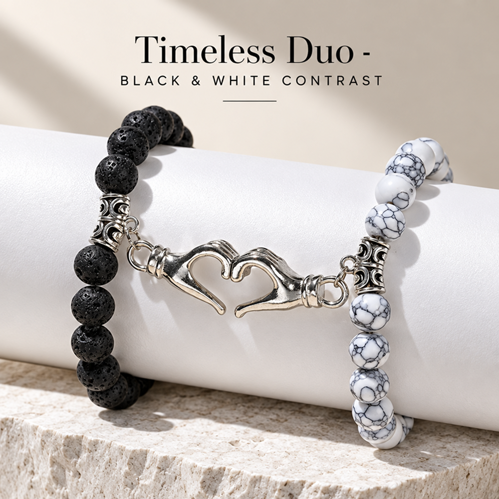 couples' magnetic hand heart bracelets with lava stone and white veined beads