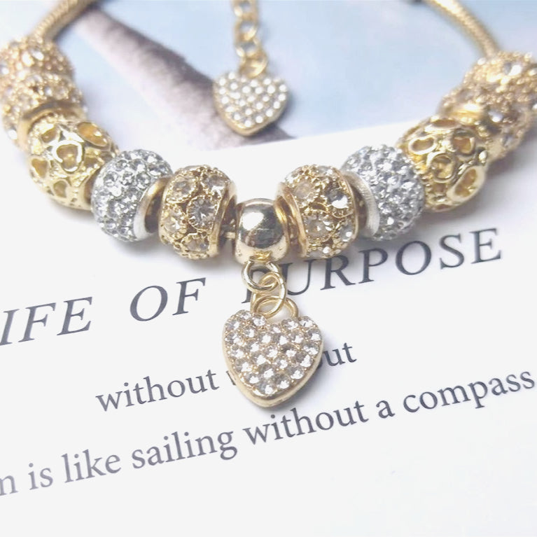 gold charm bracelet for women teen girls sweet love heart pendant bangle layering large hole beaded chain bracelet valentine's day birthday romantic jewelry gift for her