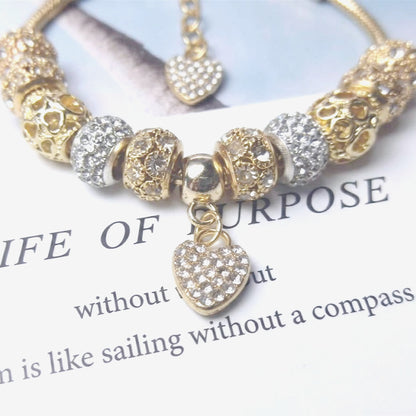 Gold Charm Bracelet for Women Teen Girls Sweet Love Heart Pendant Bangle Layering Large Hole Beaded Chain Bracelet Valentine's Day Birthday Romantic Jewelry Gift for Her