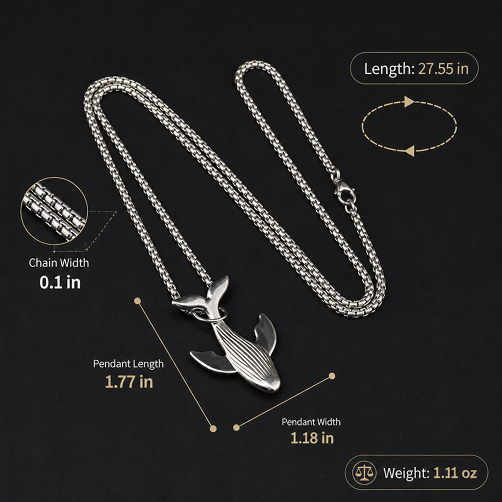 titanium steel whale fall pendant necklace for men unisex vintage silver humpback whale tail charm long box chain sweater necklace hip hop streetwear minimalist ocean jewelry aesthetic gift 27.5 inches