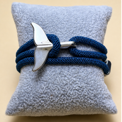 Navy Whale Tail Wrap Bracelet, Electroplated Alloy and Braided Milan Cord, Adjustable Ocean-Inspired Couple Bracelet
