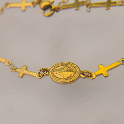 Virgin Mary Cross Bracelet for Women Stainless Steel Gold Plated Miraculous Medal Pendant Religious Catholic Christian Faith Blessing Charm Bracelet Adjustable Stackable Layering Wristband Gift Jewelry
