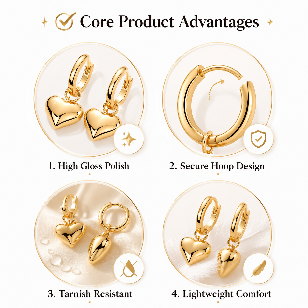 lightweight shiny gold puffy heart charm huggie earrings comfortable secure click closure dainty dangling heart drop hoops for daily wear sensitive ears