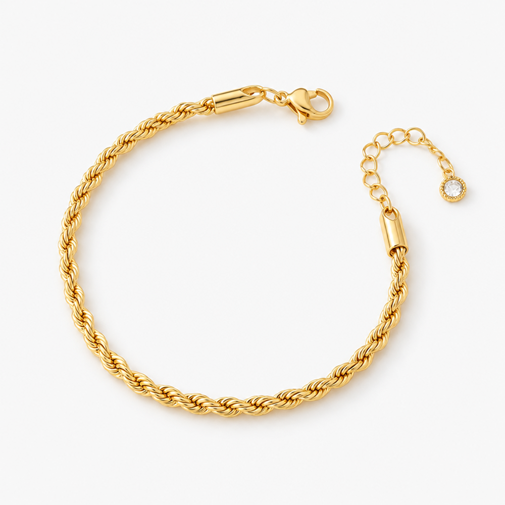 twisted rope chain bracelet for women, gold-tone electroplated brass, 6.5 inch chain with 1.5 inch extender and lobster clasp, slim 0.1 inch width, minimalist wrist jewelry for everyday outfits, layering, workwear, birthdays and anniversary gift givi