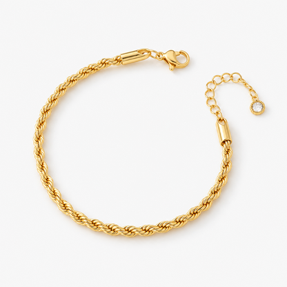 Twisted Rope Chain Bracelet for Women, Gold-Tone Electroplated Brass, 6.5 Inch Chain with 1.5 Inch Extender and Lobster Clasp, Slim 0.1 Inch Width, Minimalist Wrist Jewelry for Everyday Outfits, Layering, Workwear, Birthdays and Anniversary Gift Givi