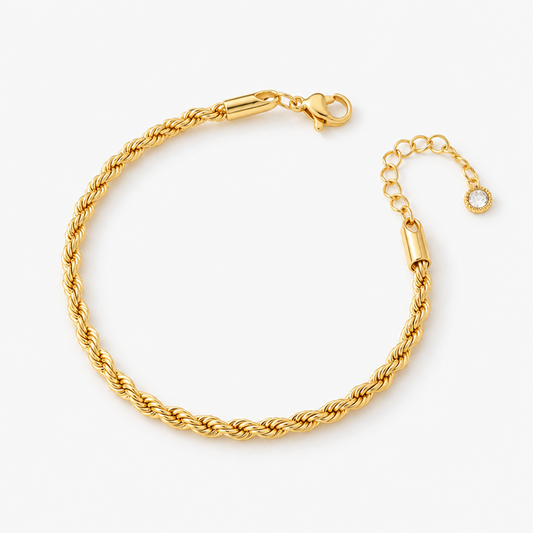 Twisted Rope Chain Bracelet for Women, Gold-Tone Electroplated Brass, 6.5 Inch Chain with 1.5 Inch Extender and Lobster Clasp, Slim 0.1 Inch Width, Minimalist Wrist Jewelry for Everyday Outfits, Layering, Workwear, Birthdays and Anniversary Gift Givi