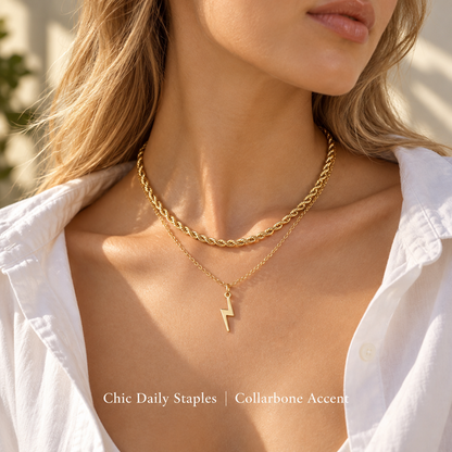 Women's 2-Piece Gold-Tone Electroplated Brass Layered Lightning Bolt Necklace Set