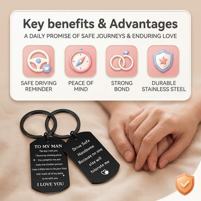 Funny Romantic Engraved Dog Tag Keychain for Men Husband Boyfriend Stainless Steel Black Double Sided Inscription Card Key Ring Drive Safe Handsome Sarcastic Sibling Gag Gift Anniversary Birthday 17g