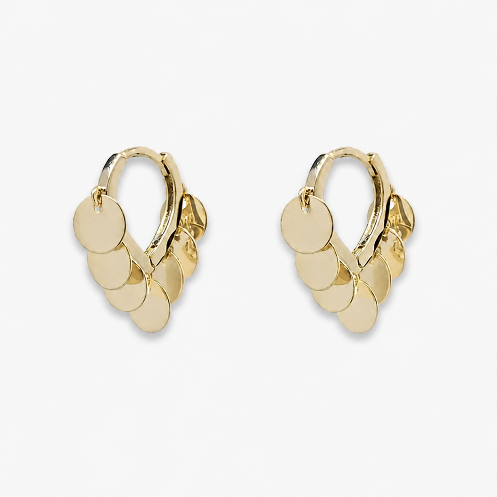 lightweight gold plated shimmering disc tassel hoop earrings gentle movement dainty dangle huggies comfortable everyday statement ear rings for sensitive ears