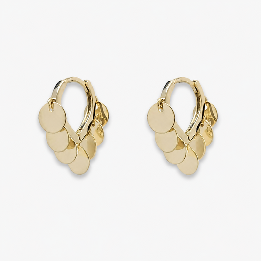 Lightweight Gold Plated Shimmering Disc Tassel Hoop Earrings Gentle Movement Dainty Dangle Huggies Comfortable Everyday Statement Ear Rings for Sensitive Ears