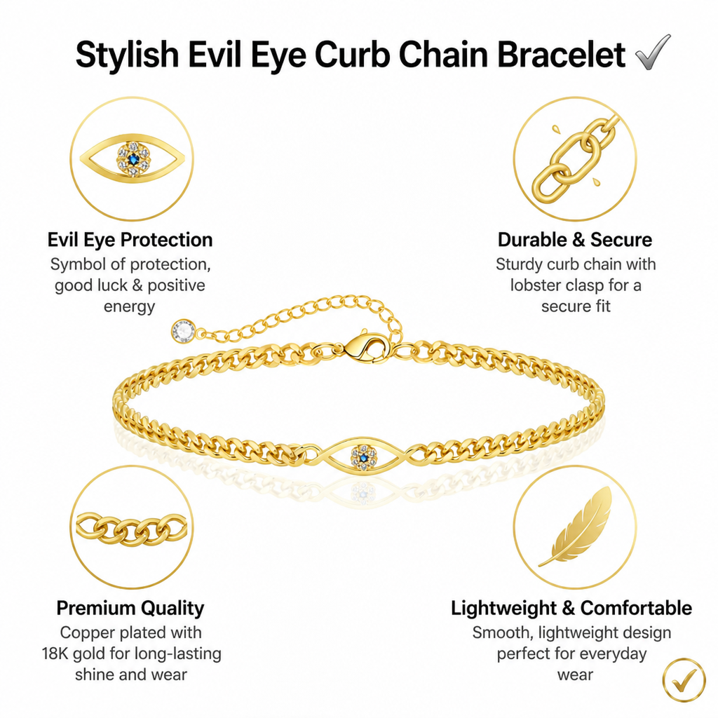 copper-plated evil eye curb chain bracelet brass cubic zirconia protection jewelry minimalist trendy layering wristband gift for her