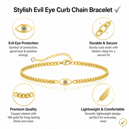 Copper-Plated Evil Eye Curb Chain Bracelet Brass Cubic Zirconia Protection Jewelry Minimalist Trendy Layering Wristband Gift for Her