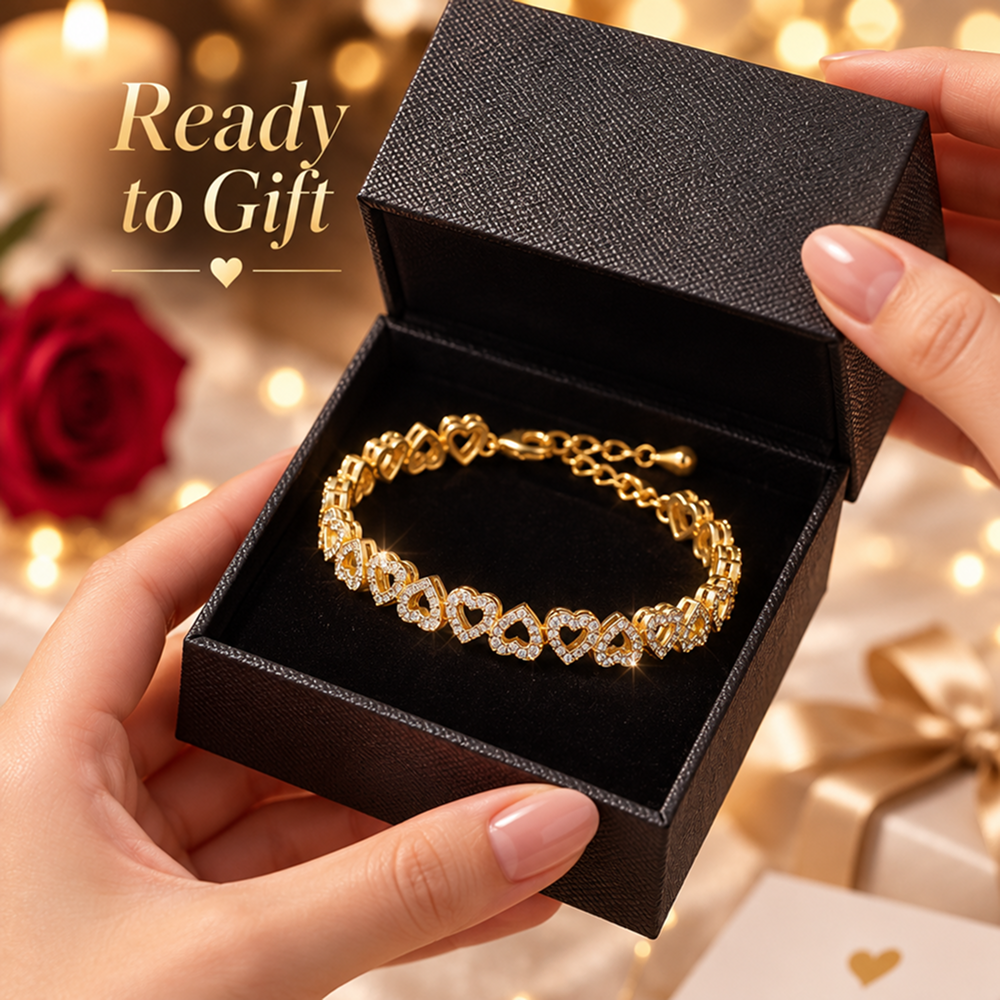 heart link bracelet for women, gold-tone brass with zircon stones, alternating open heart design, adjustable 6.69 inch length with 2 inch extender and lobster clasp, sparkling jewelry for daily wear, date nights, weddings, birthdays and anniversary g