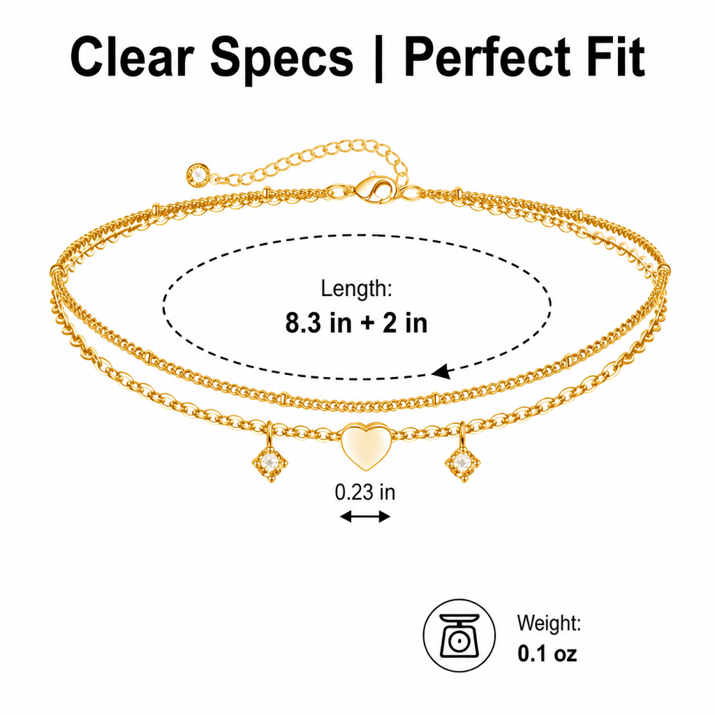gold-tone double-layer heart anklet for women, electroplated brass adjustable zircon charm ankle bracelet, dainty summer foot jewelry