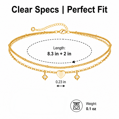 Gold-Tone Double-Layer Heart Anklet for Women, Electroplated Brass Adjustable Zircon Charm Ankle Bracelet, Dainty Summer Foot Jewelry