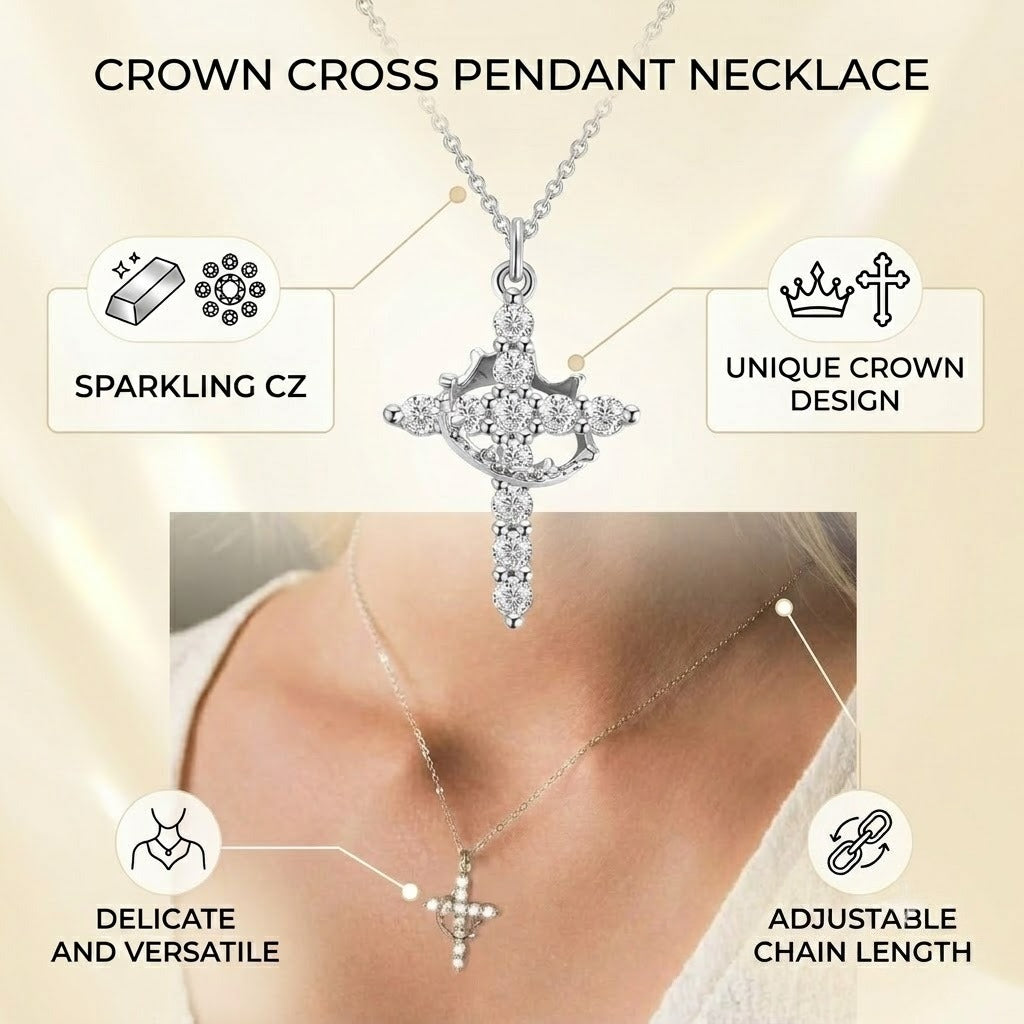 cz crystal crown cross pendant necklace for women dainty layering choker sparkling cubic zirconia religious crucifix tiara charm minimalist christian faith religious amulet gift for her high-shine finish 40cm+5cm