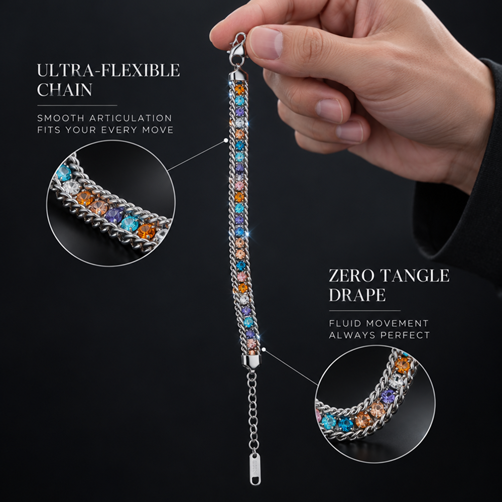 rainbow cuban-style chain bracelet for men and women, silver-tone double chain borders with multicolor faceted accents, lobster clasp and 2 inch extension, 6.5 inch bracelet, 0.2 inch width, colorful statement jewelry for everyday outfits and parties