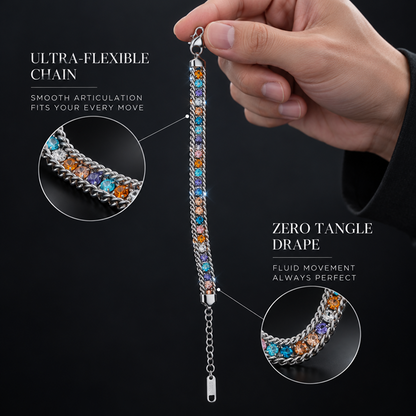 Rainbow Cuban-Style Chain Bracelet for Men and Women, Silver-Tone Double Chain Borders with Multicolor Faceted Accents, Lobster Clasp and 2 Inch Extension, 6.5 Inch Bracelet, 0.2 Inch Width, Colorful Statement Jewelry for Everyday Outfits and Parties