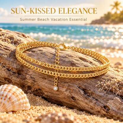 Women's Gold-Tone Double-Layer Cuban Chain Anklet with Adjustable Extender and Lobster Clasp