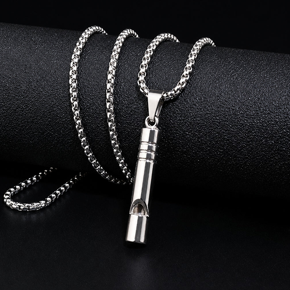 titanium steel functional whistle pendant necklace for men women unisex silver color cylindrical creative whistle streetwear hip hop high street heavy duty long box chain necklaces