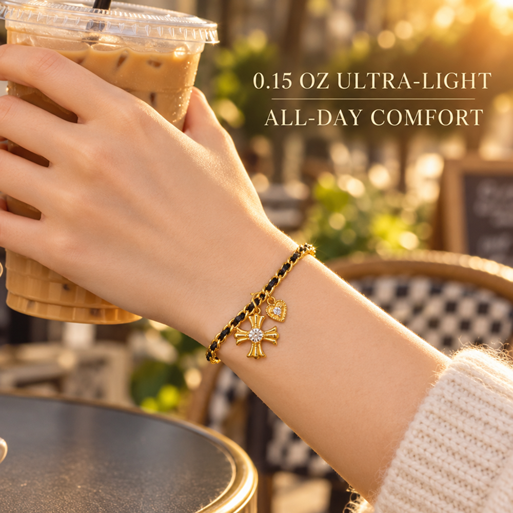 black cord and gold-tone cross charm bracelet with adjustable extender