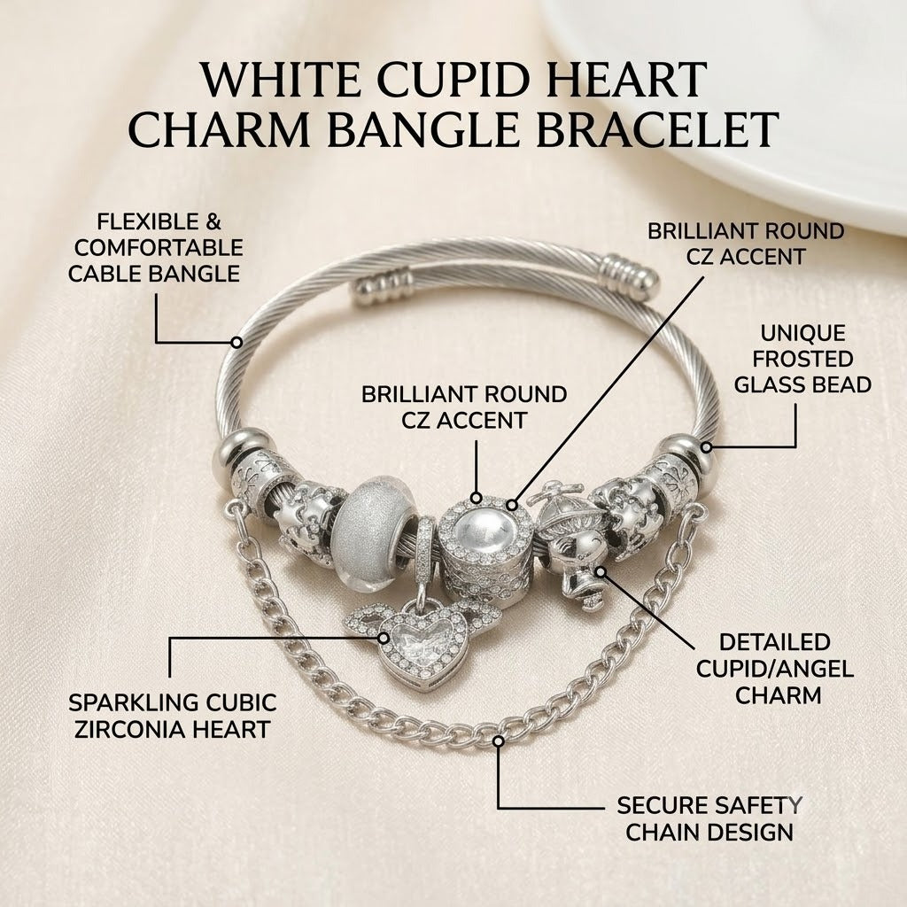 heart charm bracelet for women white cupid heart charm bangle stainless steel snake chain bracelet with angel wings crystal resin beads fairycore aesthetic jewelry gift for her