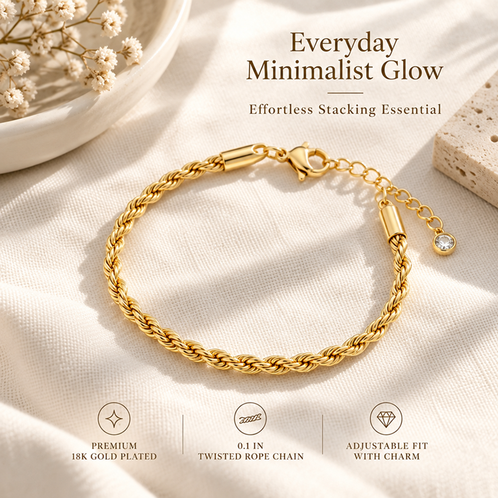 twisted rope chain bracelet for women, gold-tone electroplated brass, 6.5 inch chain with 1.5 inch extender and lobster clasp, slim 0.1 inch width, minimalist wrist jewelry for everyday outfits, layering, workwear, birthdays and anniversary gift givi