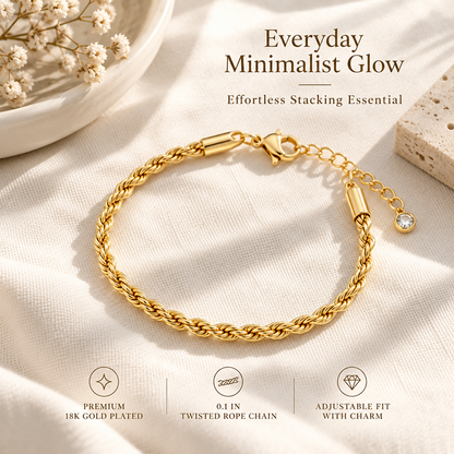 Twisted Rope Chain Bracelet for Women, Gold-Tone Electroplated Brass, 6.5 Inch Chain with 1.5 Inch Extender and Lobster Clasp, Slim 0.1 Inch Width, Minimalist Wrist Jewelry for Everyday Outfits, Layering, Workwear, Birthdays and Anniversary Gift Givi