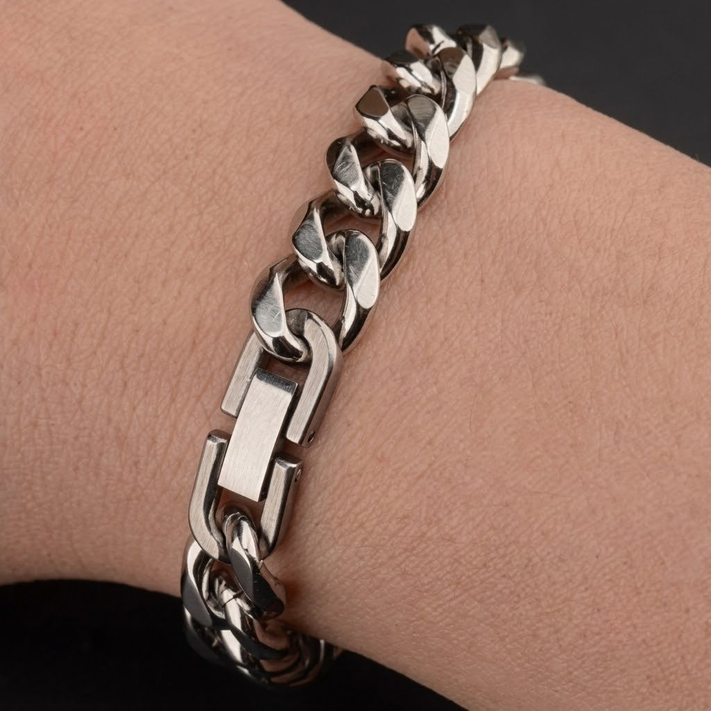 waterproof tarnish free titanium steel cuban chain bracelet heavy duty sleek fold over watch band clasp durable comfort fit industrial jewelry gift for him her