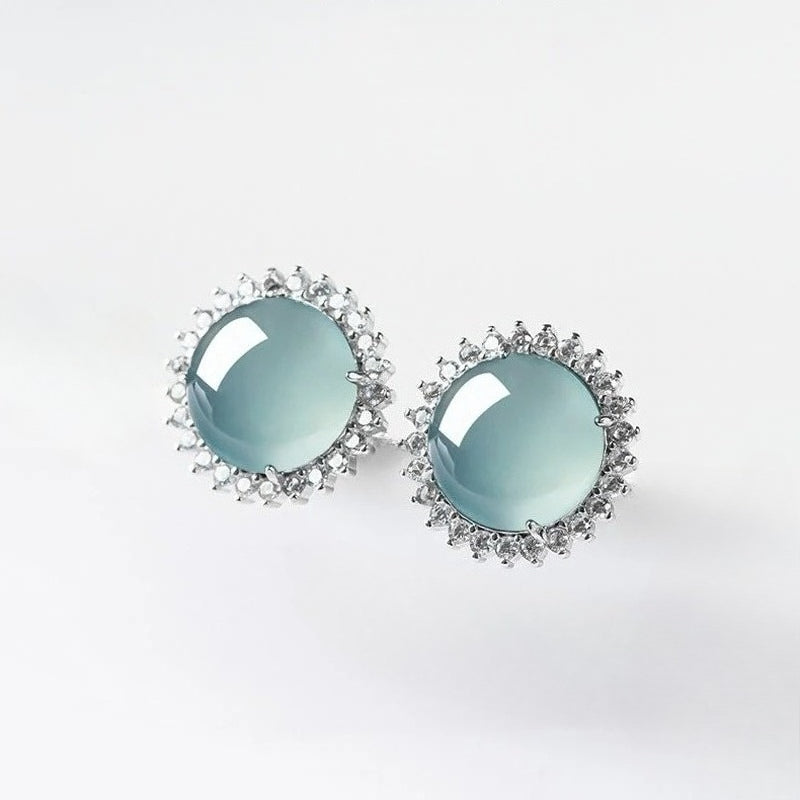 s925 silver inlaid natural jade blue water stud earrings | ice jade earrings