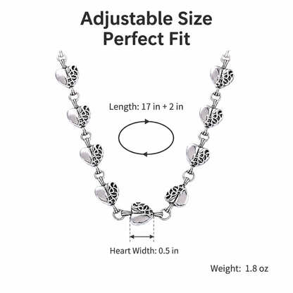 Vintage Gothic Heart Link Chain Necklace for Men Women Antique Silver Carved Hearts Choker Collar Punk Streetwear Unisex Jewelry Gift