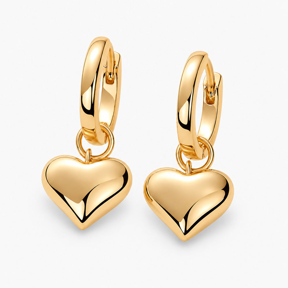 women's gold-tone brass heart drop hoop earrings with puffed heart charms